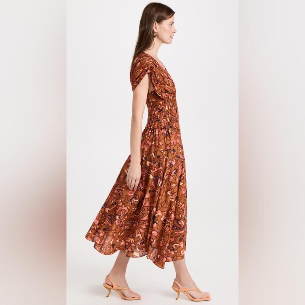 A.L.C. Lucia Corset Waist Cotton Floral Midi Dress Size 0 Bronze Navy Coral - Picture 10 of 14